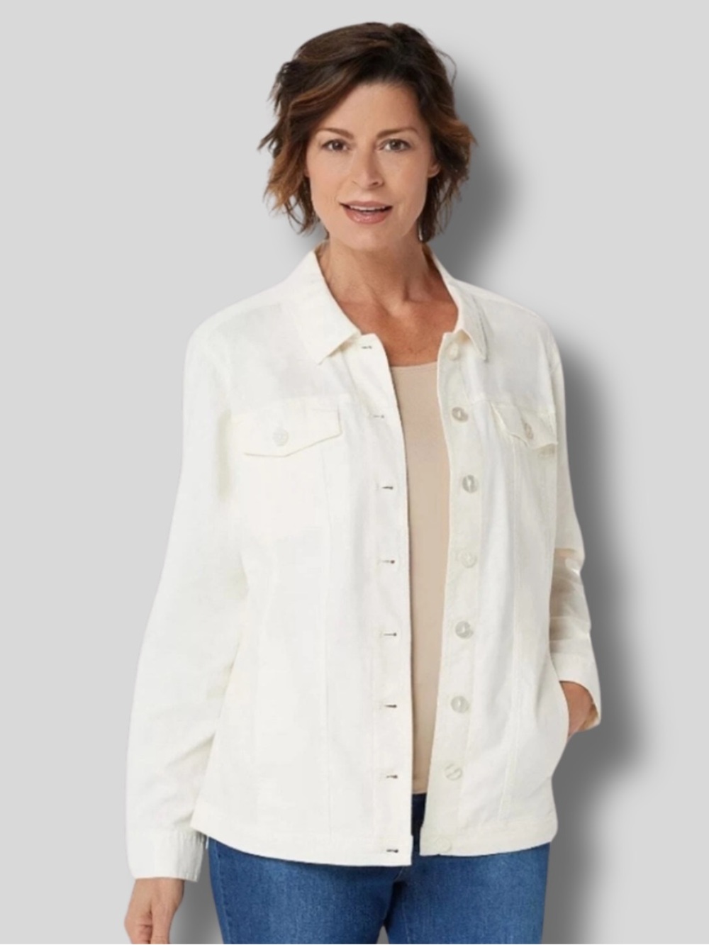 Women’s Denim & Co Ivory Cream Linen & Cotton Blend Button-Front Jacket